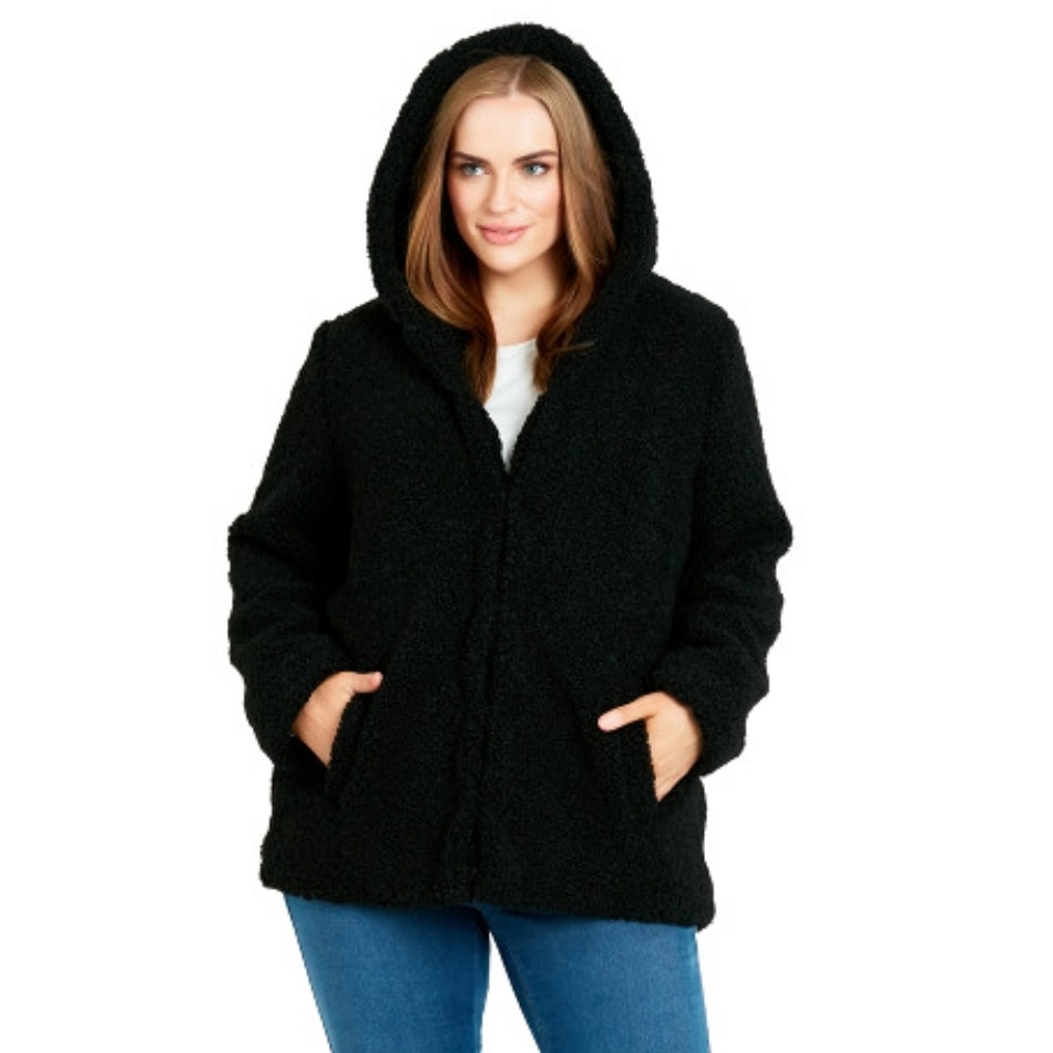 Evans Teddy Hooded Coat Faux Fur Satin Lined Black Women's Us Size 14 New